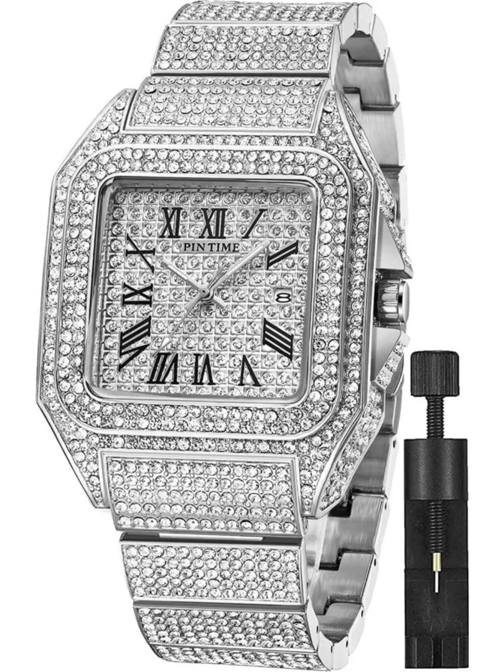Stylish Hip Hop Men's Bling Crystal Watch | Rectangle Case, Stainless Steel